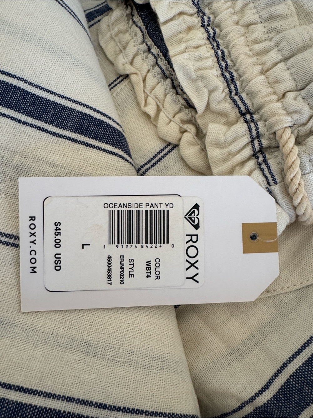 Roxy, Drawstring Linen Pants - Striped Blue on Cream, Size Large New w/ Tags - Picture 4 of 4